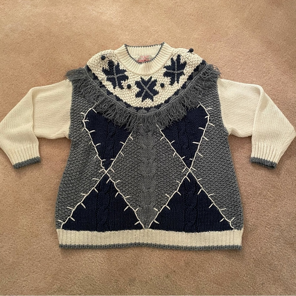 Vintage Blue and White Chunky Knit Fringe Pom-Pom Shoulder Pad Sweater 2X